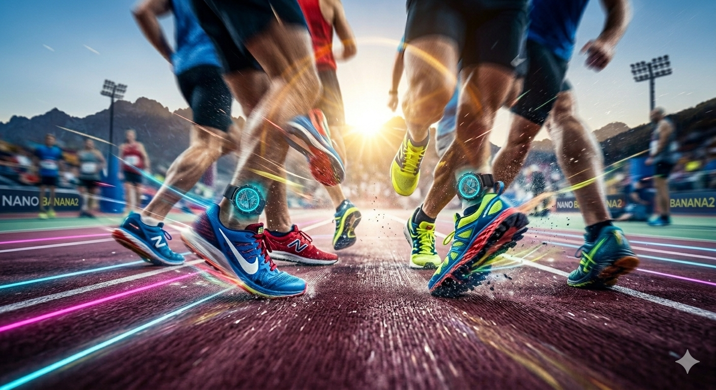 A sleek pair of athletic running shoes hitting a professional track during sunrise, motion blur, hyper realistic fitness lifestyle, epic lighting, Nano Banana2